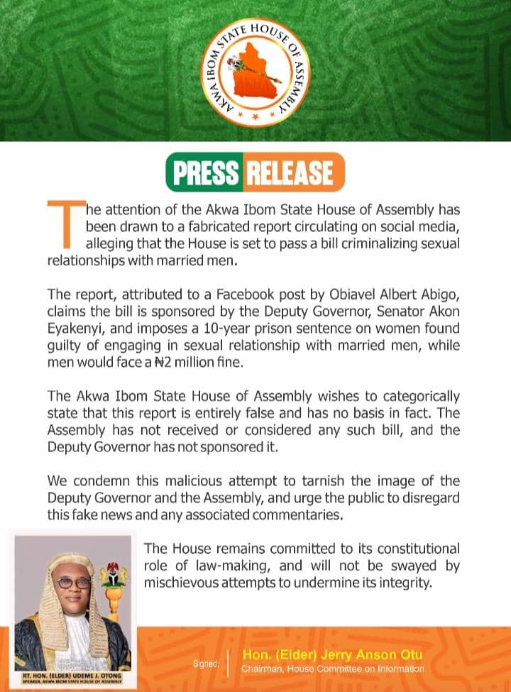Akwa Ibom House Of Assembly Debunks Bill Criminalising Adultery