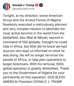 Trump Announces US‑Nigeria Joint Operation Killed ‘Most Active Terrorist In The World’