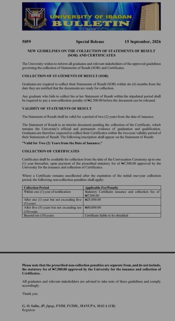 UI Imposes N2,500 Fine for Late Collection of Statements of Result